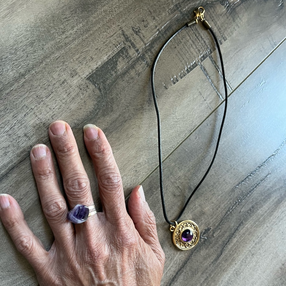 Duo of purple medallion necklace and amethyst adjustable ring